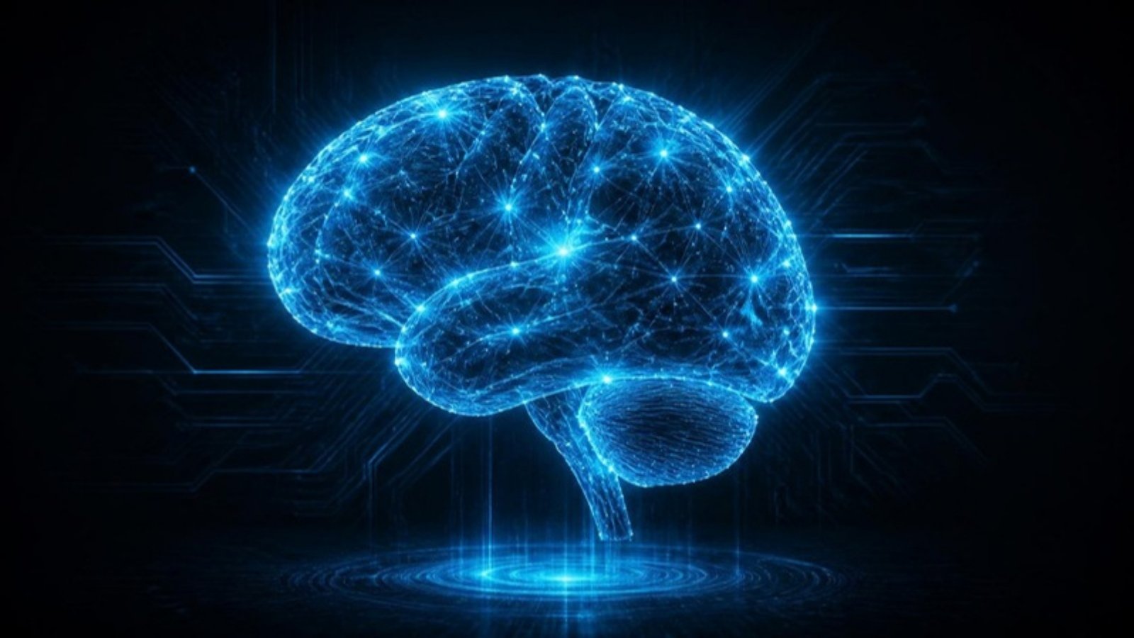 Ilustración editorial de una red neuronal azul sobre fondo grafito