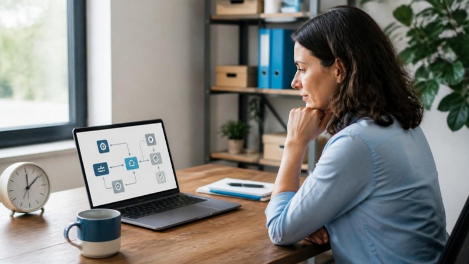 Emprendedora frente a su computadora con un flujo de trabajo automatizado